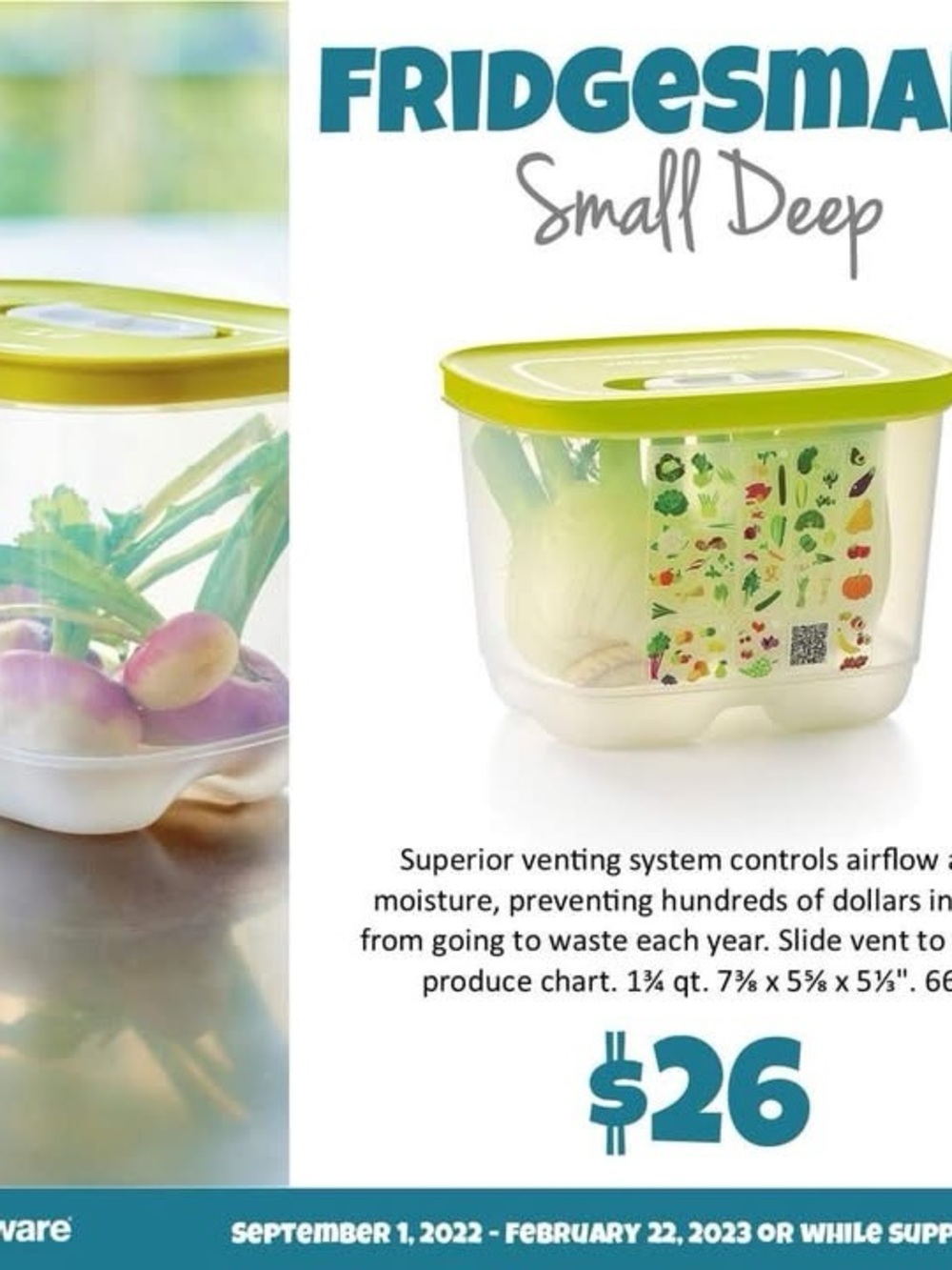 Tupperware FridgeSmart Small Deep Produce Storage Container - Lime Green
